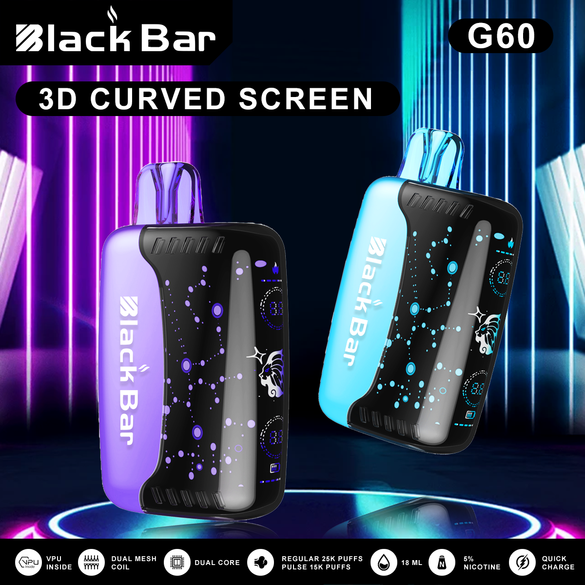 VAPEAZE G60 World's first 3D curved screen Dual mesh coils 25000puffs Quick charge airflow adjustable