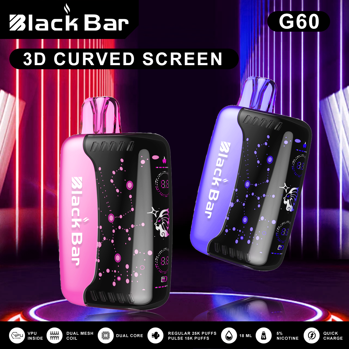 VAPEAZE G60 World's first 3D curved screen Dual mesh coils 25000puffs Quick charge airflow adjustable