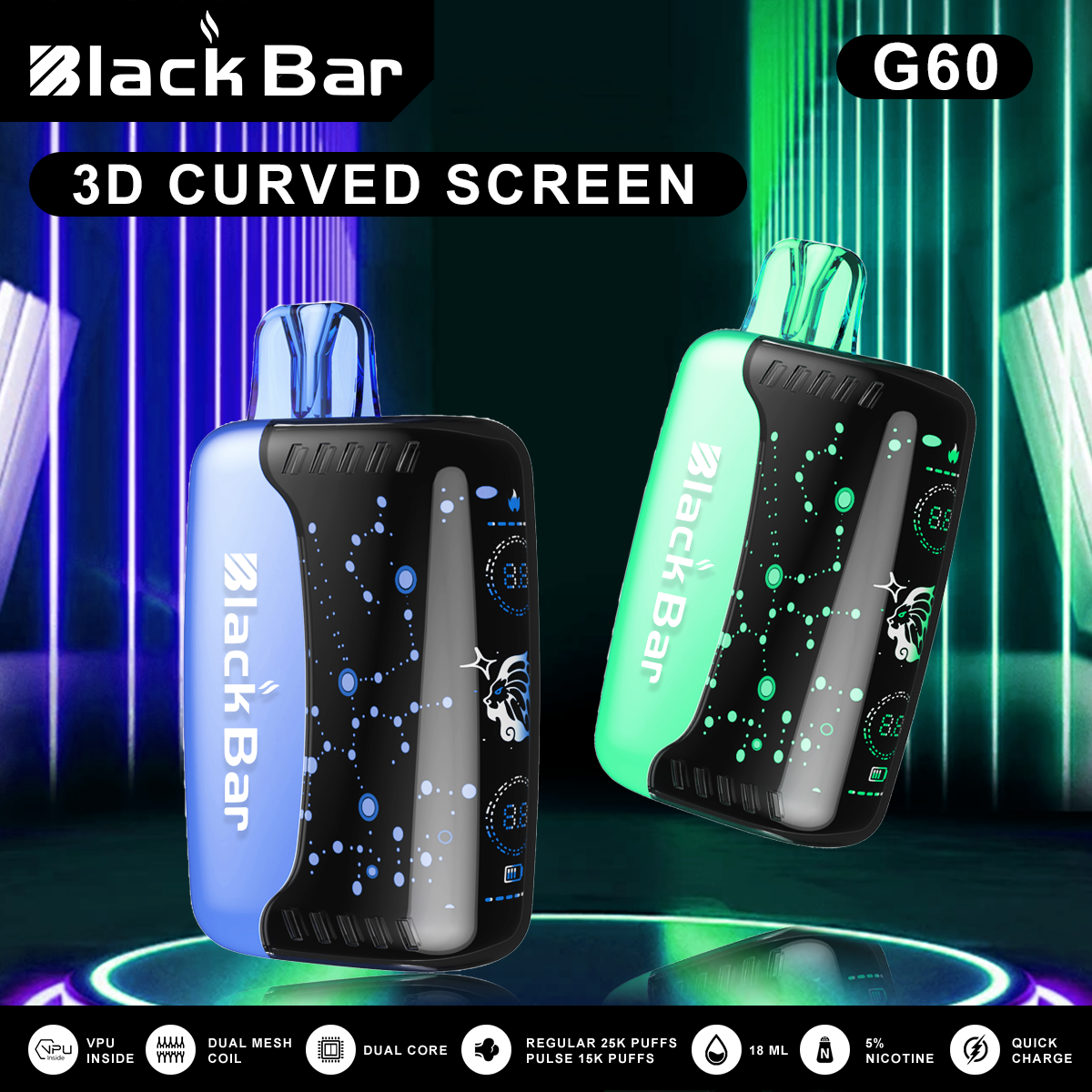 VAPEAZE G60 World's first 3D curved screen Dual mesh coils 25000puffs Quick charge airflow adjustable