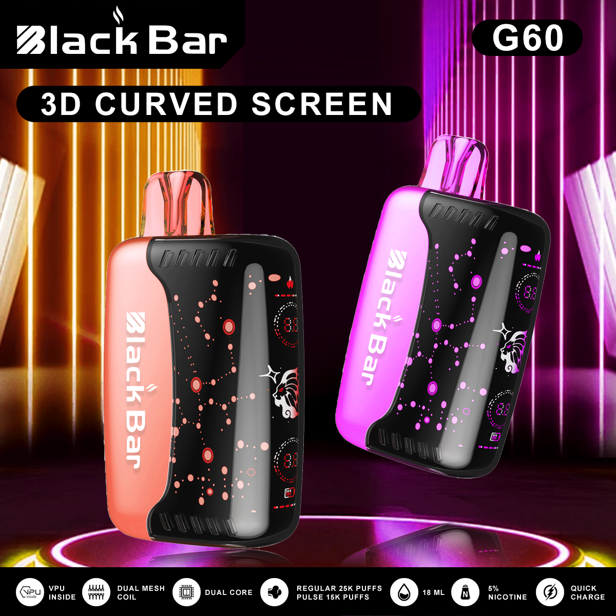 VAPEAZE G60 World's first 3D curved screen Dual mesh coils 25000puffs Quick charge airflow adjustable