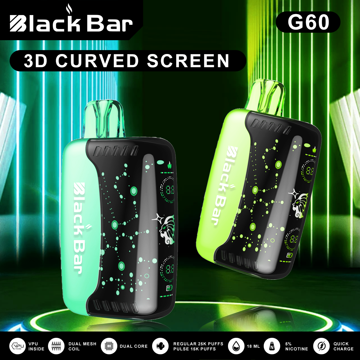 VAPEAZE G60 World's first 3D curved screen Dual mesh coils 25000puffs Quick charge airflow adjustable