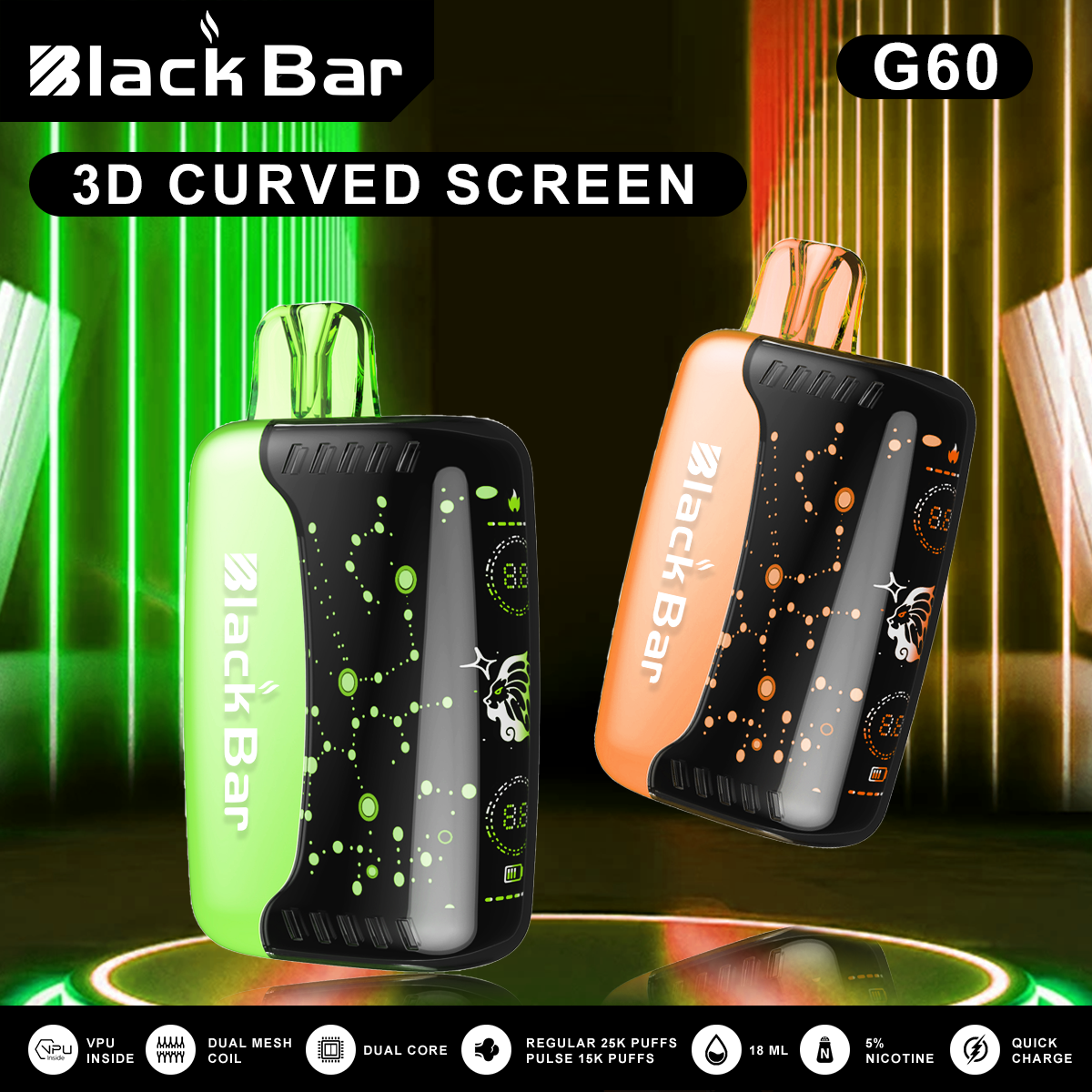 VAPEAZE G60 World's first 3D curved screen Dual mesh coils 25000puffs Quick charge airflow adjustable