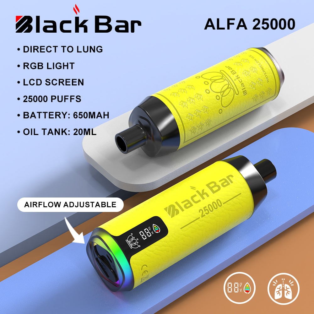 ALFA 25000 black bar Direct To Lung RGB light LCD screen 25000 puffs Battery: 650mah Oil Tank: 20ML airflow adjustable