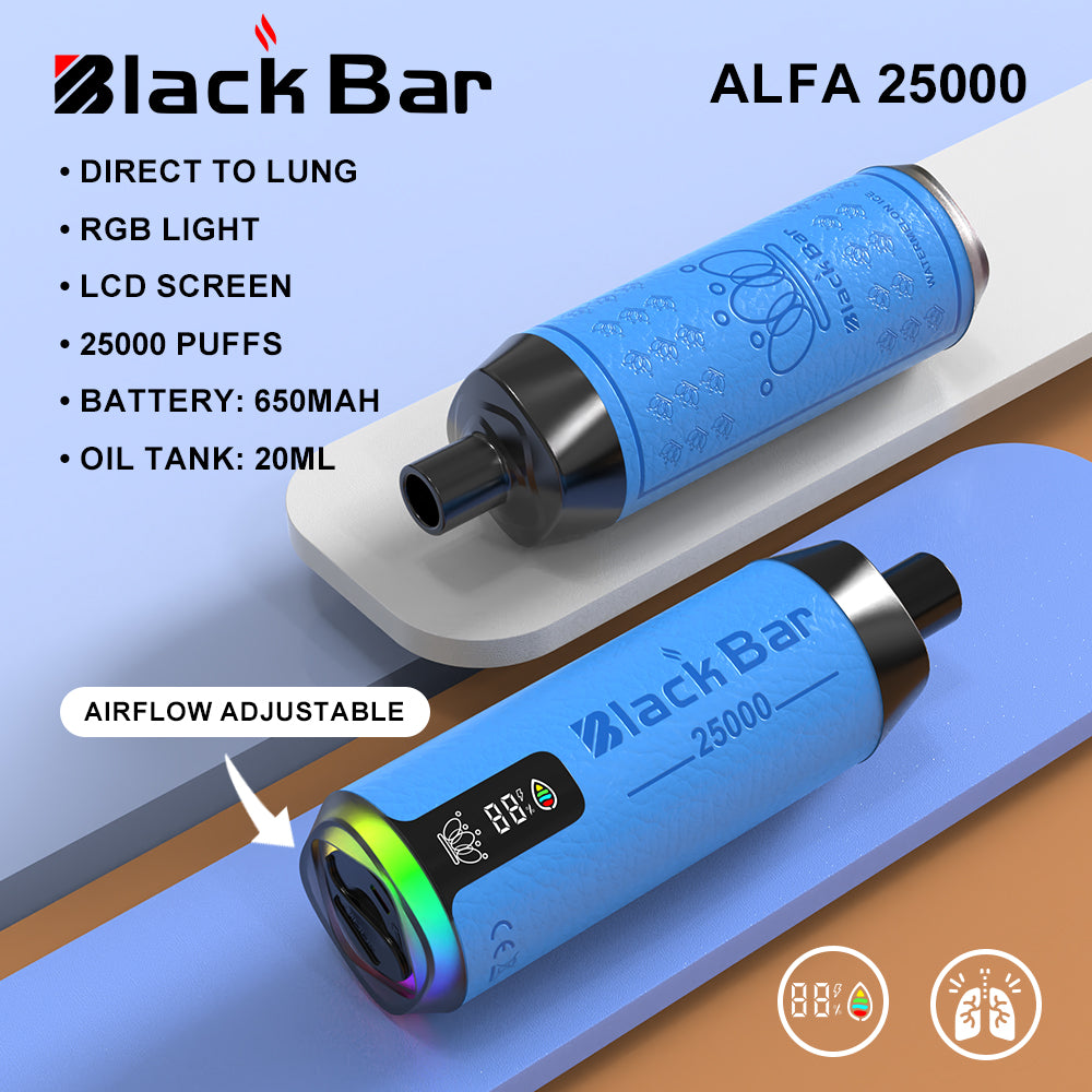 ALFA 25000 black bar Direct To Lung RGB light LCD screen 25000 puffs Battery: 650mah Oil Tank: 20ML airflow adjustable