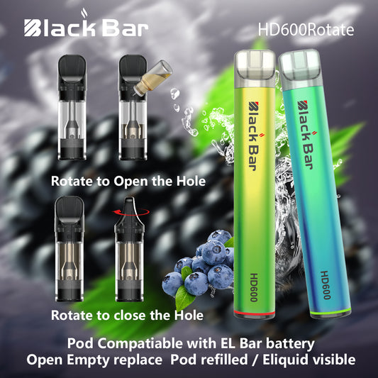 HD600Rotate-Pod Compatiable with EL Bar battery  Open Empty replace Pod relled / Eliquid visible